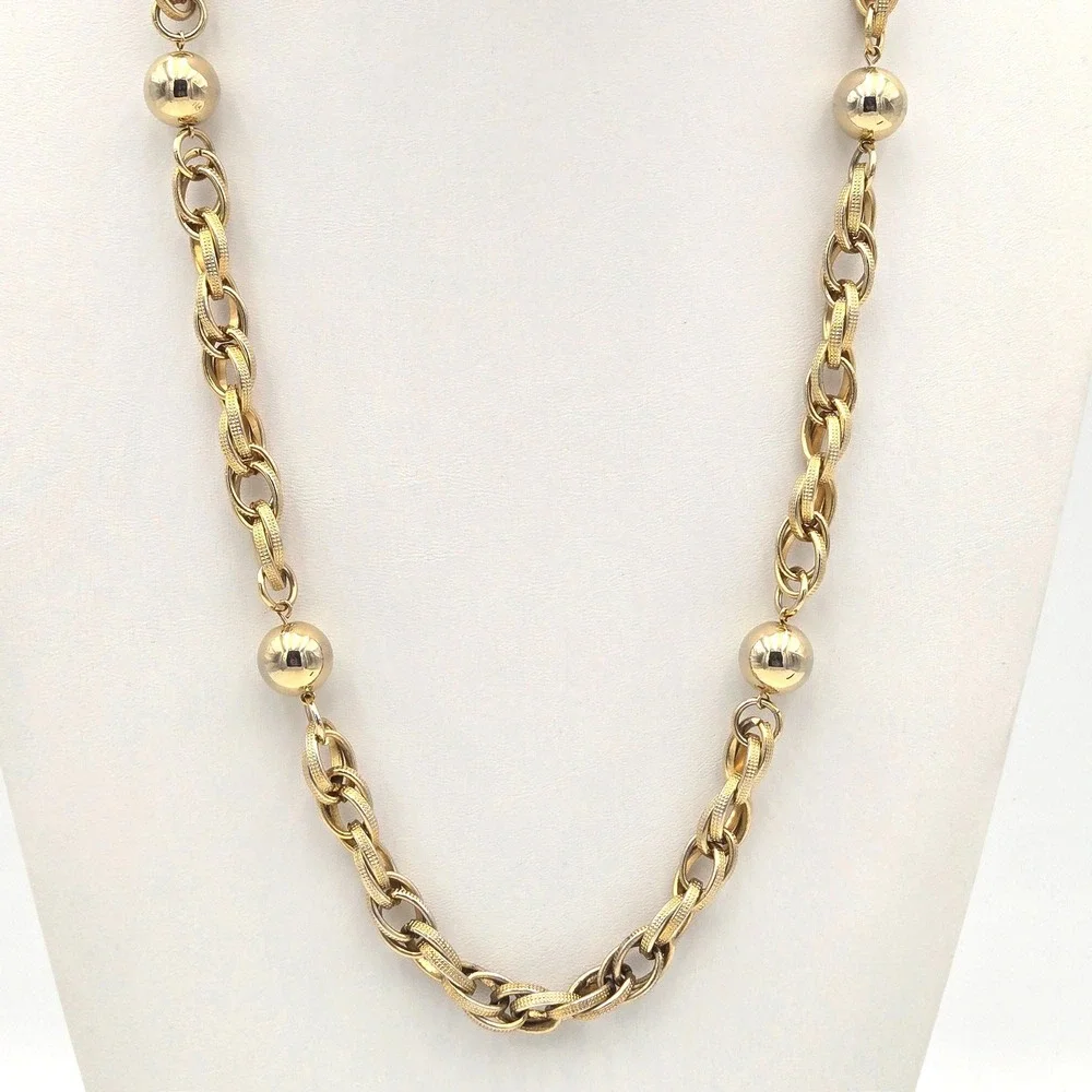 Vintage‎ Gold Tone Necklace Textured Double Link Chain with 14mm Polished Beads